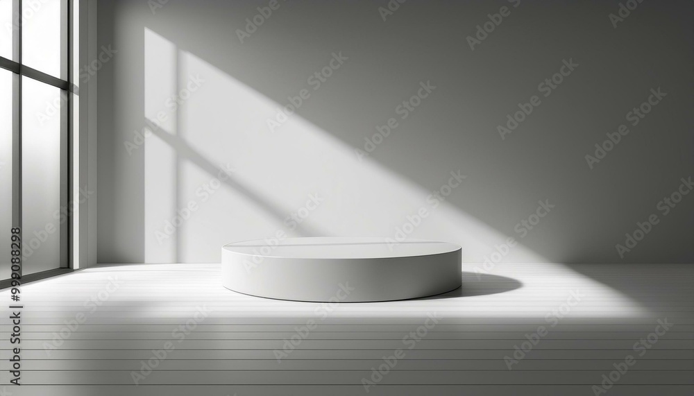 3D studio room with a podium on a white background. Empty floor and wall with shadow overlay from window onto tabletop. Stand with sunlight for product presentation. Interior mockup with countertop 3D studio room with a podium on a white background. Empty floor and wall with shadow overlay from window onto tabletop. Stand with sunlight for product presentation. Interior mockup with countertop