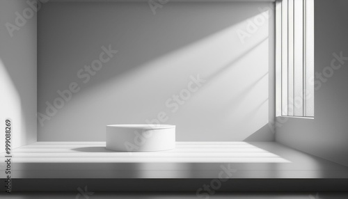 3D studio room with a podium on a white background. Empty floor and wall with shadow overlay from window onto tabletop. Stand with sunlight for product presentation. Interior mockup with countertop