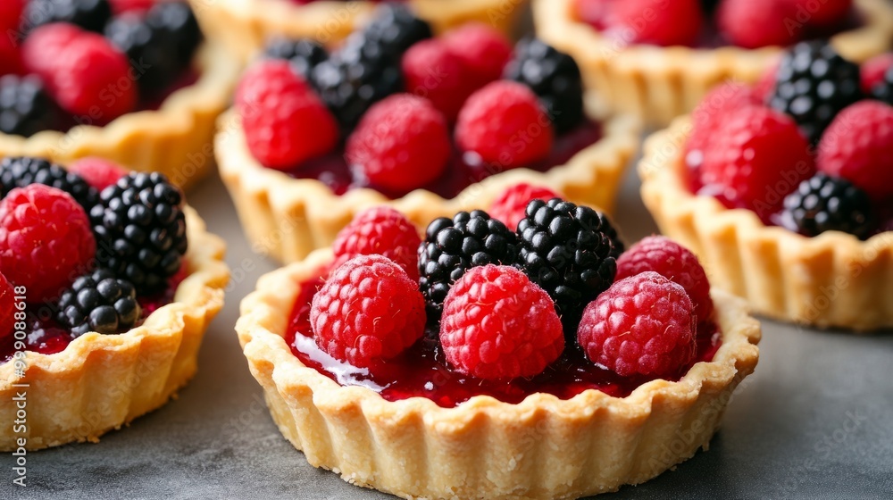 Delicate French fruit tarts with golden pastry crusts and fresh raspberries, strawberries, and blackberries generative ai Delicate French fruit tarts with golden pastry crusts and fresh raspberries, strawberries, and blackberries generative ai