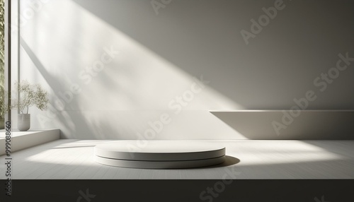 3D studio room with a podium on a white background. Empty floor and wall with shadow overlay from window onto tabletop. Stand with sunlight for product presentation. Interior mockup with countertop