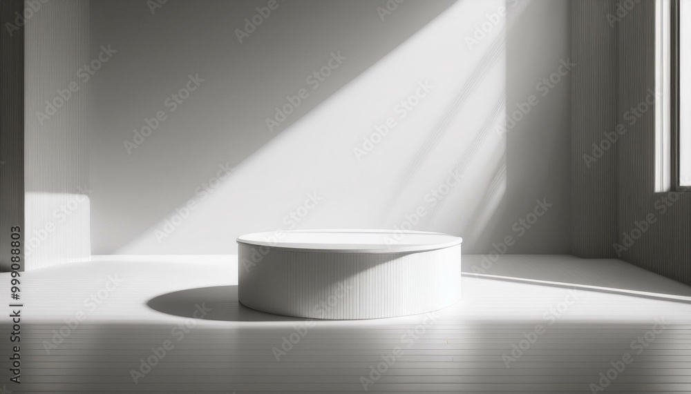 3D studio room with a podium on a white background. Empty floor and wall with shadow overlay from window onto tabletop. Stand with sunlight for product presentation. Interior mockup with countertop 3D studio room with a podium on a white background. Empty floor and wall with shadow overlay from window onto tabletop. Stand with sunlight for product presentation. Interior mockup with countertop
