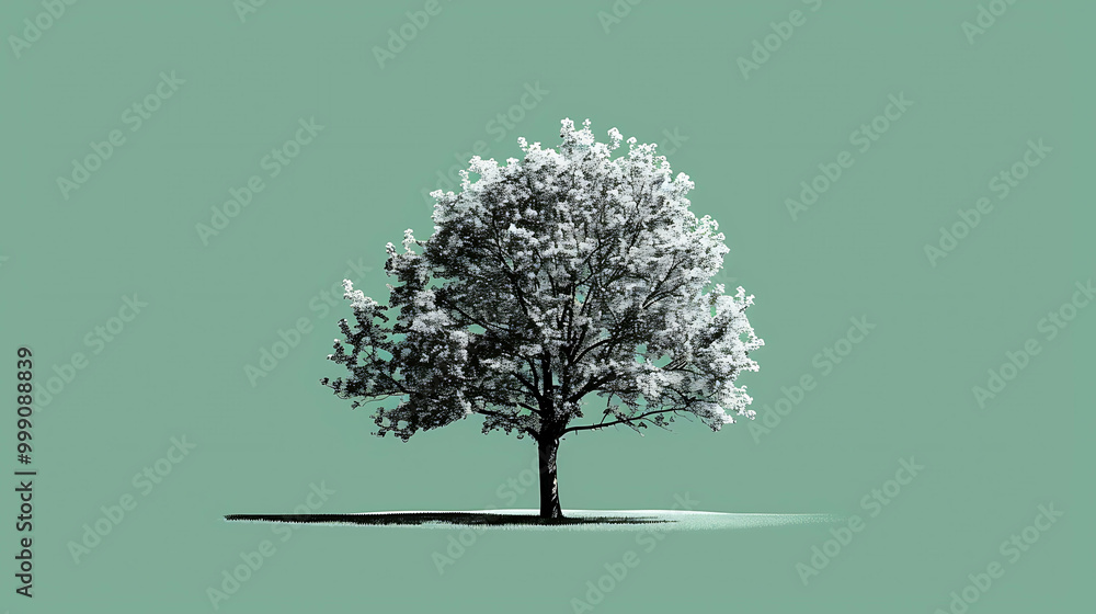 A single, snow-covered tree stands alone against a green background. A single, snow-covered tree stands alone against a green background.