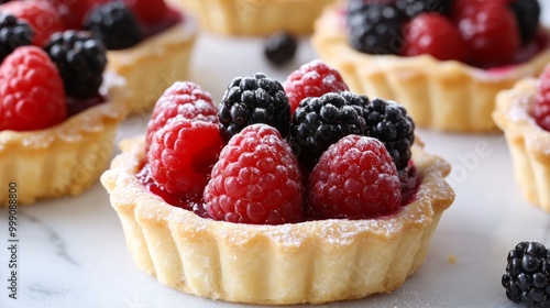 Delicate French fruit tarts with golden pastry crusts and fresh raspberries, strawberries, and blackberries generative ai