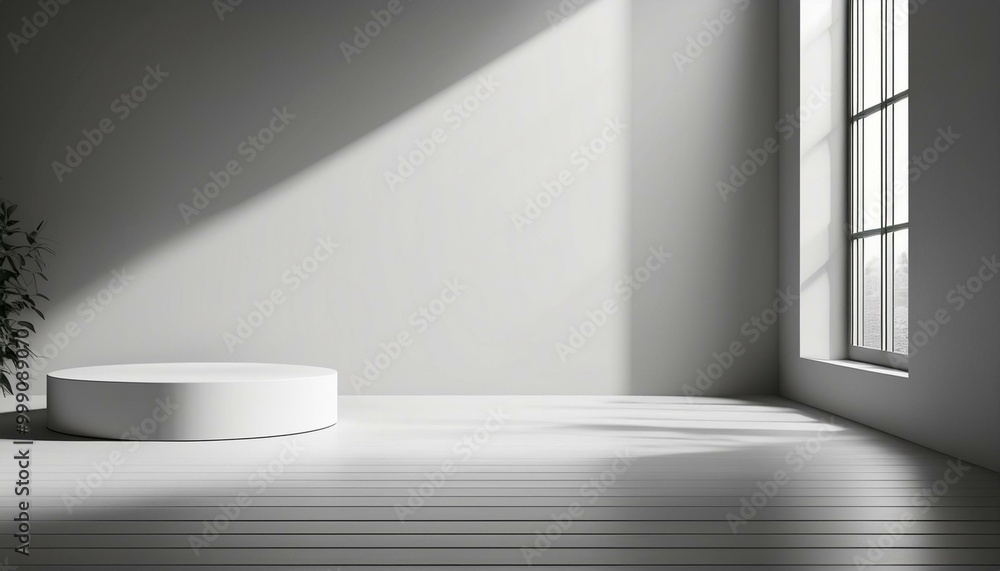 3D studio room with a podium on a white background. Empty floor and wall with shadow overlay from window onto tabletop. Stand with sunlight for product presentation. Interior mockup with countertop 3D studio room with a podium on a white background. Empty floor and wall with shadow overlay from window onto tabletop. Stand with sunlight for product presentation. Interior mockup with countertop