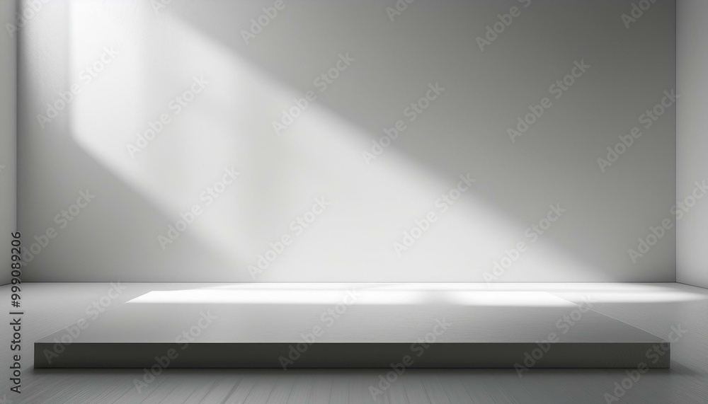 3D studio room with a podium on a white background. Empty floor and wall with shadow overlay from window onto tabletop. Stand with sunlight for product presentation. Interior mockup with countertop 3D studio room with a podium on a white background. Empty floor and wall with shadow overlay from window onto tabletop. Stand with sunlight for product presentation. Interior mockup with countertop