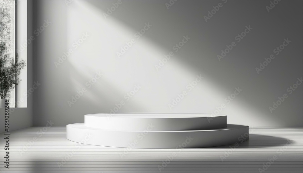3D studio room with a podium on a white background. Empty floor and wall with shadow overlay from window onto tabletop. Stand with sunlight for product presentation. Interior mockup with countertop 3D studio room with a podium on a white background. Empty floor and wall with shadow overlay from window onto tabletop. Stand with sunlight for product presentation. Interior mockup with countertop