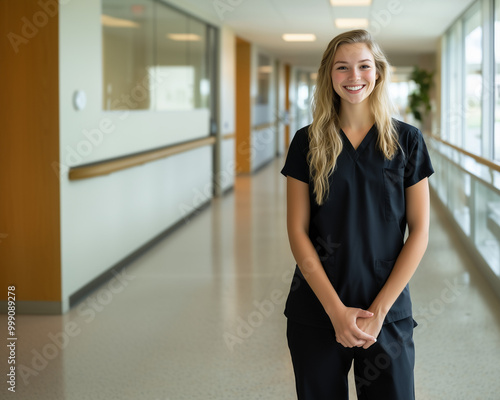 Blonde Smiling nurse wearing black scrubs in a bright and inviting hospital hallway