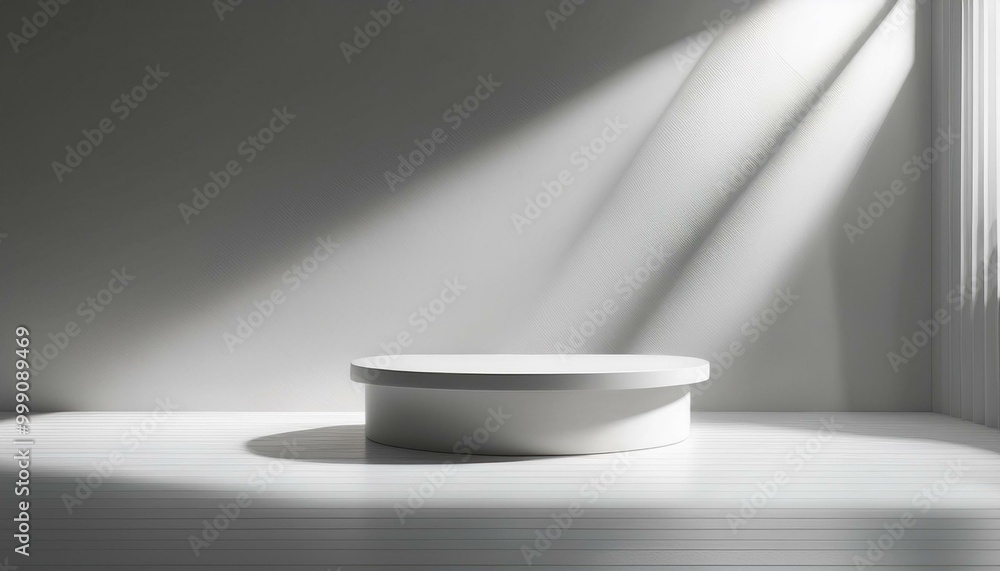 3D studio room with a podium on a white background. Empty floor and wall with shadow overlay from window onto tabletop. Stand with sunlight for product presentation. Interior mockup with countertop 3D studio room with a podium on a white background. Empty floor and wall with shadow overlay from window onto tabletop. Stand with sunlight for product presentation. Interior mockup with countertop