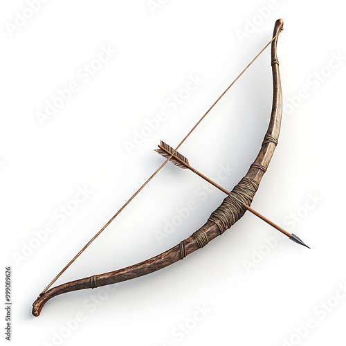 Vintage Wooden Bow and Arrows Laid Out on White Background Scene