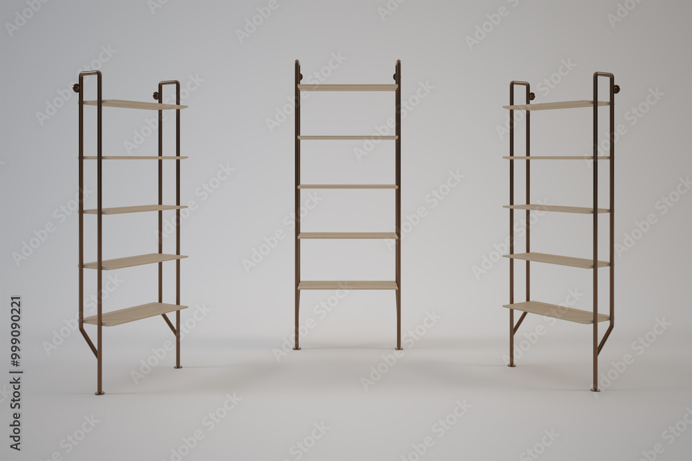 Tall shelf with copper frame and wooden shelves, suitable for modern interior design or furniture store marketing materials. 3D rendering image. Tall shelf with copper frame and wooden shelves, suitable for modern interior design or furniture store marketing materials. 3D rendering image.