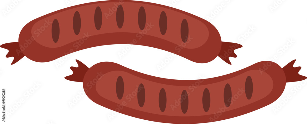 Two grilled sausages with a brown skin are lying in a cross shape on a white background Two grilled sausages with a brown skin are lying in a cross shape on a white background
