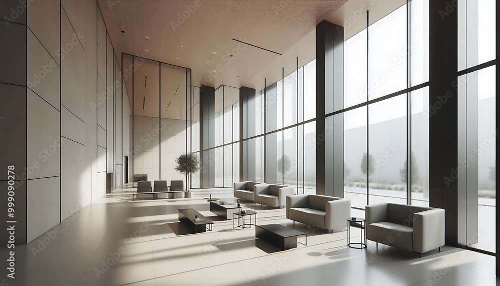 Fototapeta premium minimalist, empty waiting area with modern seating and large glass windows
