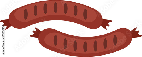 Two grilled sausages with a brown skin are lying in a cross shape on a white background