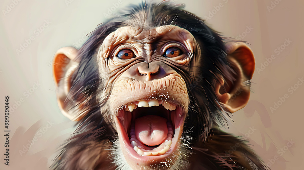 A close up of a chimpanzee monkey's face with an open mouth, showing teeth. A close up of a chimpanzee monkey's face with an open mouth, showing teeth.