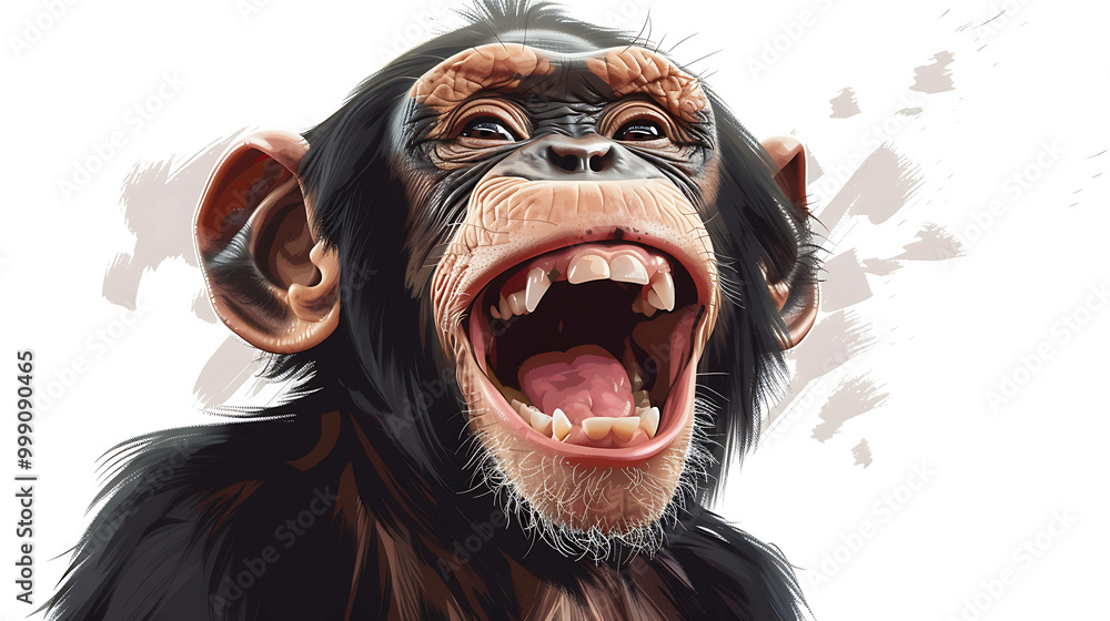 A chimpanzee with its mouth open wide, showing its teeth, laughing. A chimpanzee with its mouth open wide, showing its teeth, laughing.