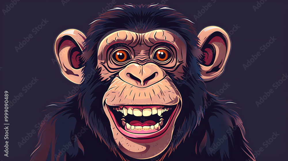 A close-up illustration of a smiling chimpanzee. A close-up illustration of a smiling chimpanzee.