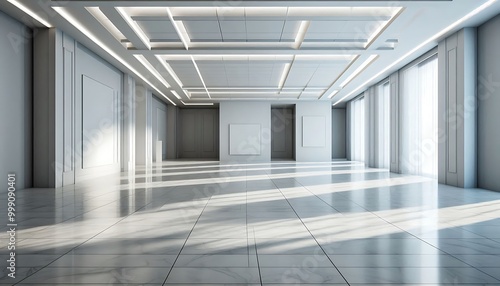 hyper-realistic  empty art gallery with blank white walls and polished floors