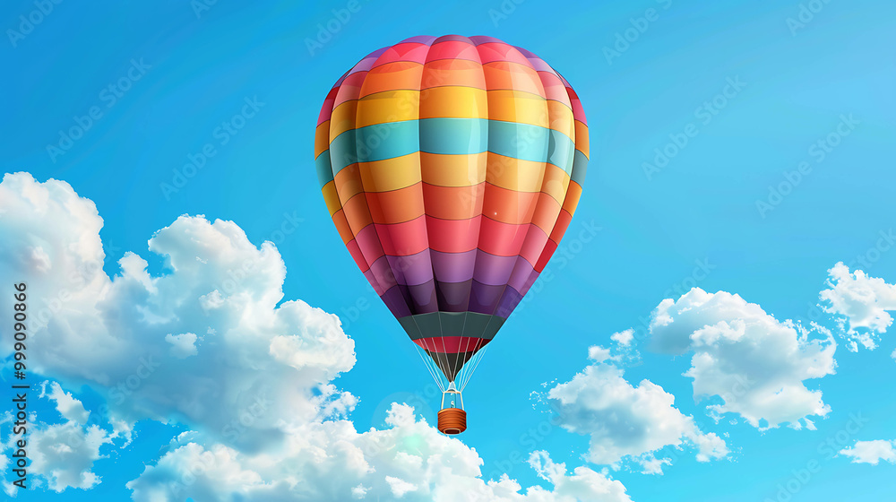 A colorful hot air balloon floats in a blue sky with fluffy white clouds. A colorful hot air balloon floats in a blue sky with fluffy white clouds.