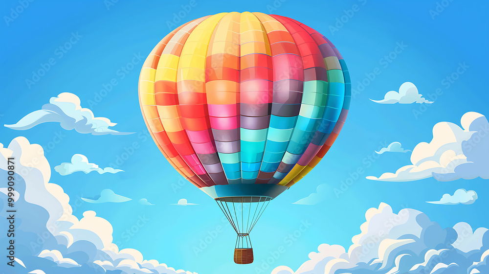 Fototapeta premium A colorful hot air balloon floats in a bright blue sky with fluffy white clouds.