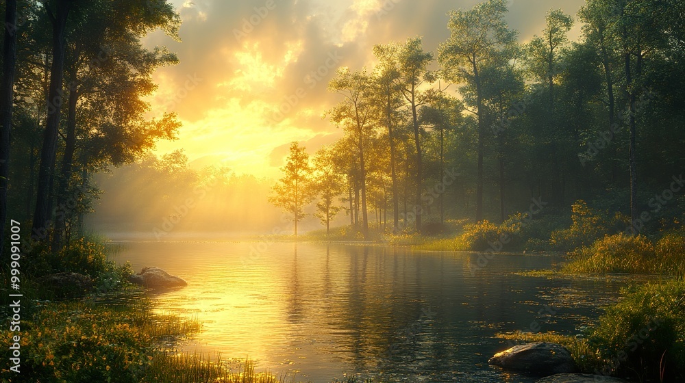 Golden Hour Sunset Over a Tranquil Lake in a Forest Golden Hour Sunset Over a Tranquil Lake in a Forest