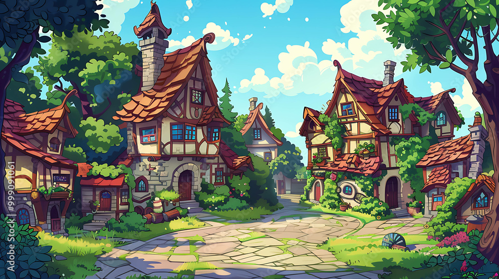 Naklejka premium A charming, cartoon-style village with cobblestone streets and colorful houses.