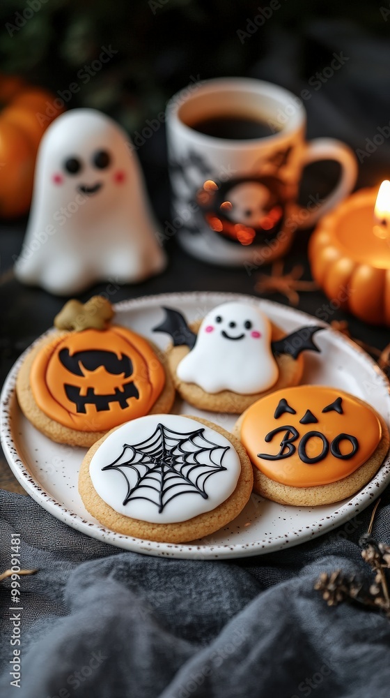 Festive autumn cookies with Halloween designs on a marble plate Festive autumn cookies with Halloween designs on a marble plate