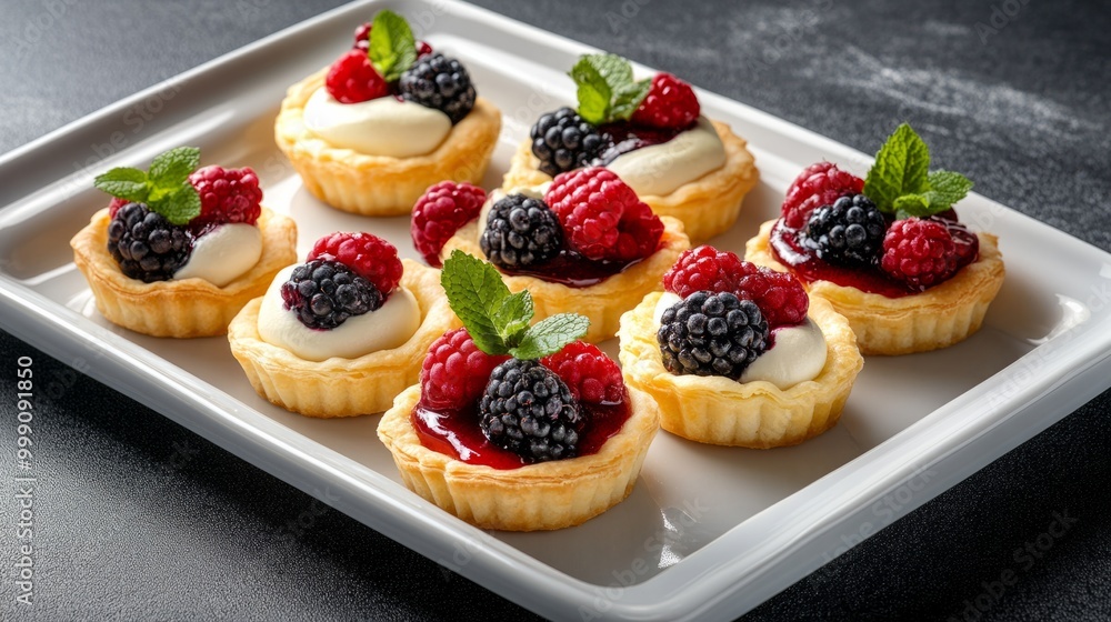 Elegant French pastry tray with assorted fruit tarts, topped with fresh berries and mint leaves generative ai Elegant French pastry tray with assorted fruit tarts, topped with fresh berries and mint leaves generative ai
