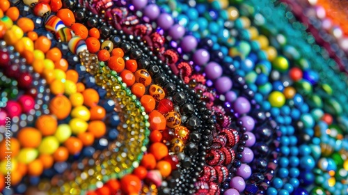 A close-up of colorful beads arranged in an artistic pattern