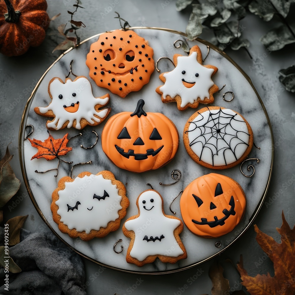 Festive Halloween Cookies on a Marble Plate Festive Halloween Cookies on a Marble Plate