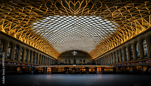 Ornate interior of a train station with a glass ceiling and a vast open space. photo