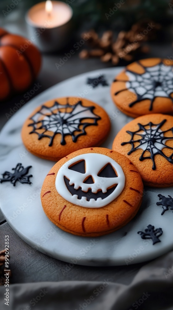 Festive Halloween Cookies on a Marble Plate Festive Halloween Cookies on a Marble Plate