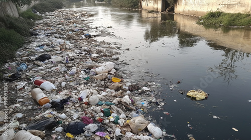 Indyjska rzeka pokryta jest tonami śmieci i odpadów, co stanowi poważny problem ekologiczny.  photo