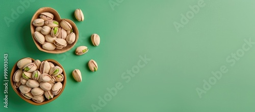 Fresh Pistachios In Two Small Bowls And Few Pistachios Assembled As Heart Shape Isolated With Green Paper Negative Space Is Given For Text