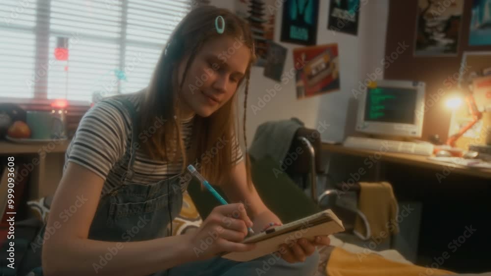 Medium shot of smiling millennial Caucasian girl in denim jumpsuit studying at home while listening to music in headphones, nostalgic 90s, mist filter Medium shot of smiling millennial Caucasian girl in denim jumpsuit studying at home while listening to music in headphones, nostalgic 90s, mist filter