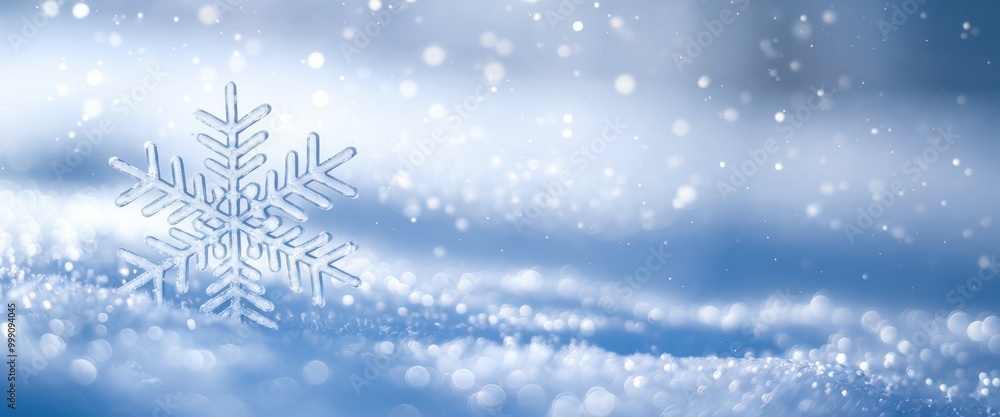 Close-up of a single ice crystal snowflake against a blue, bokeh background. Close-up of a single ice crystal snowflake against a blue, bokeh background.