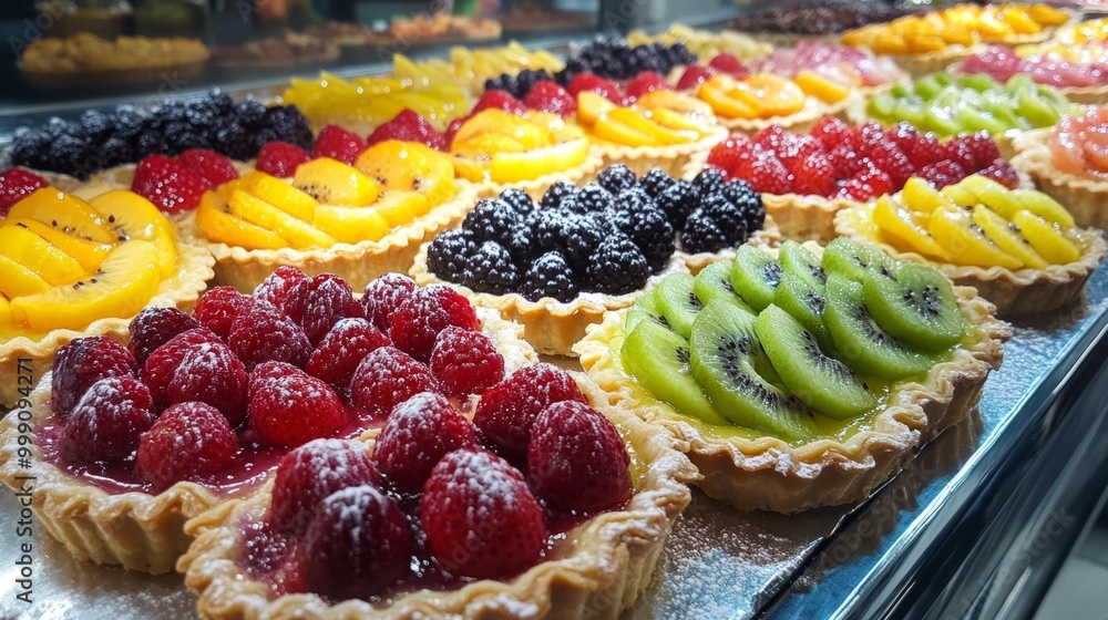 French bakery counter filled with colorful fruit tarts, each topped with glistening fresh fruit generative ai French bakery counter filled with colorful fruit tarts, each topped with glistening fresh fruit generative ai