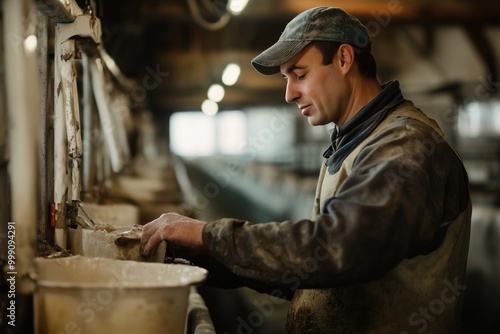 Farm Worker Feeding Animals in a Stable - Generative AI photo