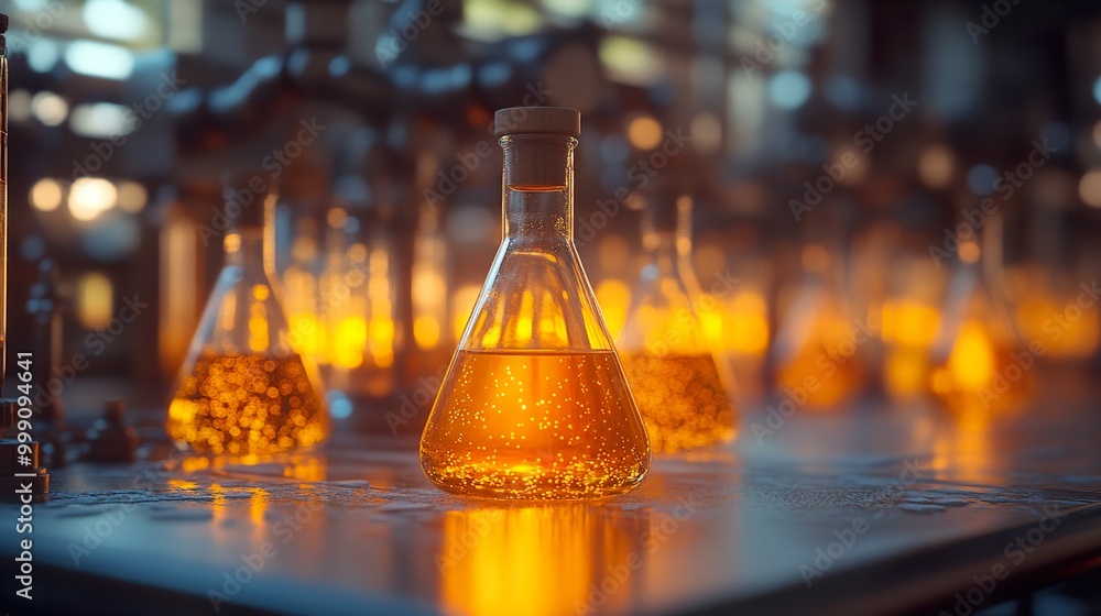 Close-up of a Beaker Filled with Golden Liquid in a Laboratory Close-up of a Beaker Filled with Golden Liquid in a Laboratory