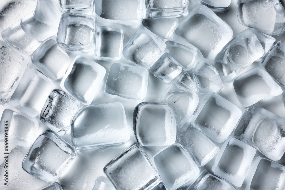 Close-up of transparent ice cubes scattered on a light surface, highlighting their clarity and coolness. Close-up of transparent ice cubes scattered on a light surface, highlighting their clarity and coolness.