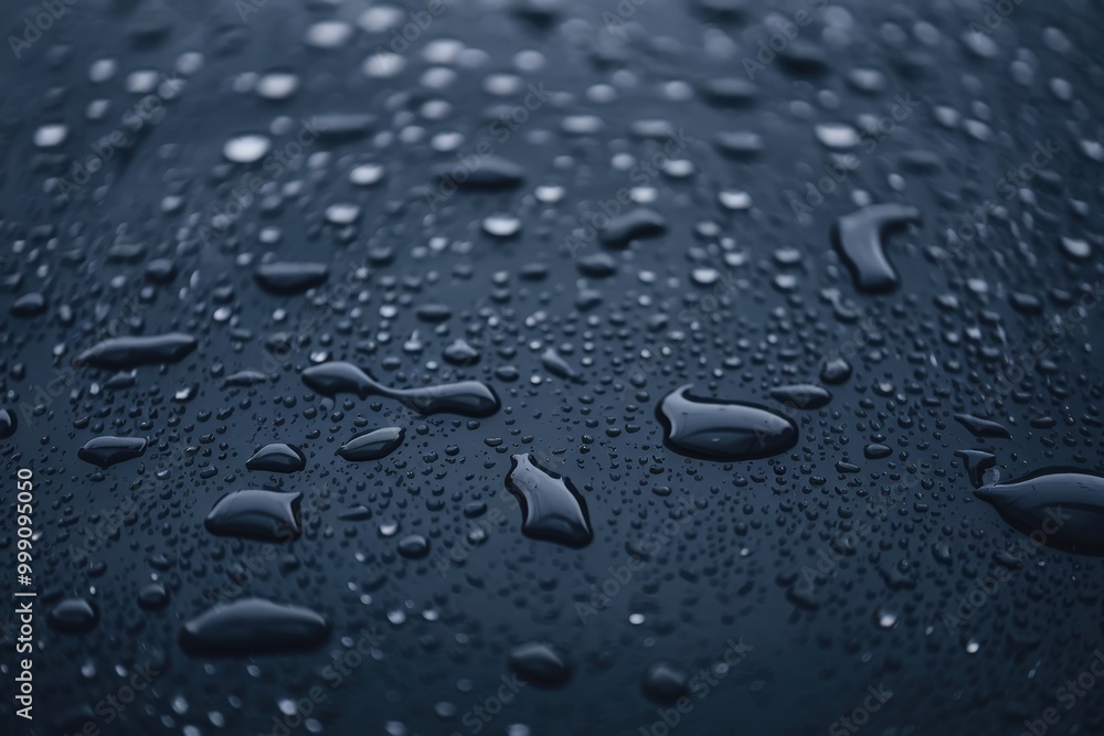 Close-up of water droplets on a dark, glossy surface, creating a serene and reflective mood. Close-up of water droplets on a dark, glossy surface, creating a serene and reflective mood.