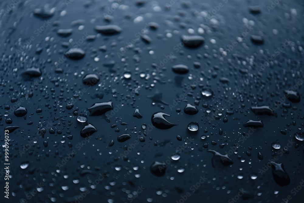 Close-up of water droplets on a smooth, dark blue surface creating an abstract pattern. Close-up of water droplets on a smooth, dark blue surface creating an abstract pattern.