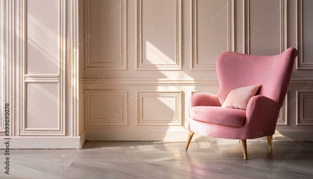 Pink chair in studio interior against classic wall panels. Modern premium room design in minimalist style in pastel color. Stand with sunlight with armchair in a room Pink chair in studio interior against classic wall panels. Modern premium room design in minimalist style in pastel color. Stand with sunlight with armchair in a room