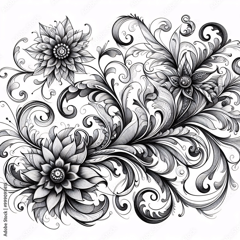 Intricate black and white floral design with swirling patterns and intricate details Intricate black and white floral design with swirling patterns and intricate details