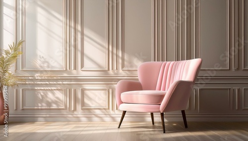 Pink chair in studio interior against classic wall panels. Modern premium room design in minimalist style in pastel color. Stand with sunlight with armchair in a room