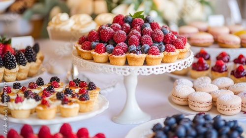 French dessert table with colorful berry tarts, macarons, and pastries, ready to serve generative ai