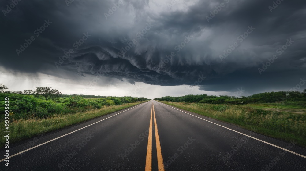 A desolate road stretches under a dark, ominous storm cloud, capturing the dramatic clash between nature and solitude. A desolate road stretches under a dark, ominous storm cloud, capturing the dramatic clash between nature and solitude.
