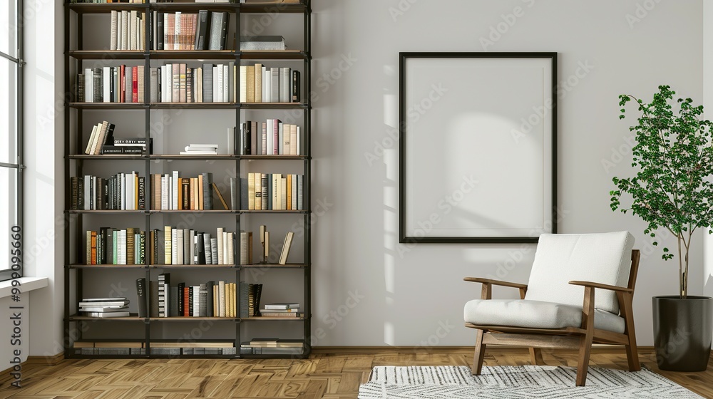 Modern Living Room with Bookshelf, Armchair, and Plant Modern Living Room with Bookshelf, Armchair, and Plant