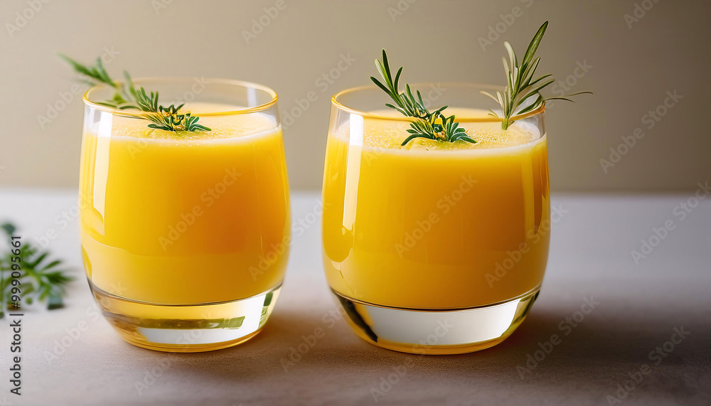 Fototapeta premium Two refreshing yellow cocktails, garnished with herbs, served in elegant glasses