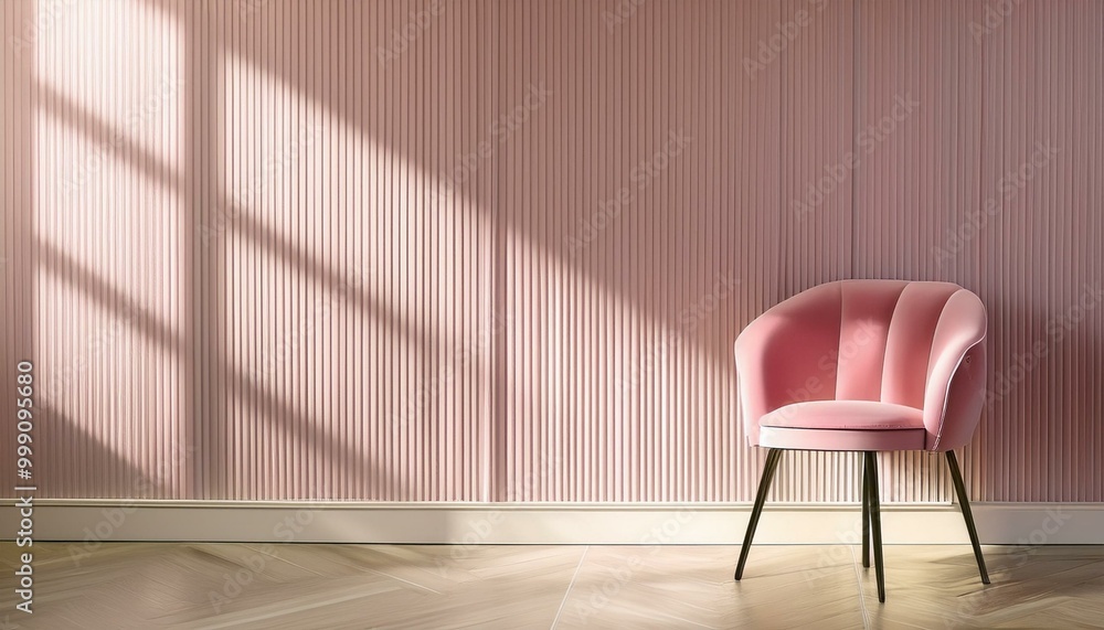 Pink chair in studio interior against classic wall panels. Modern premium room design in minimalist style in pastel color. Stand with sunlight with armchair in a room Pink chair in studio interior against classic wall panels. Modern premium room design in minimalist style in pastel color. Stand with sunlight with armchair in a room