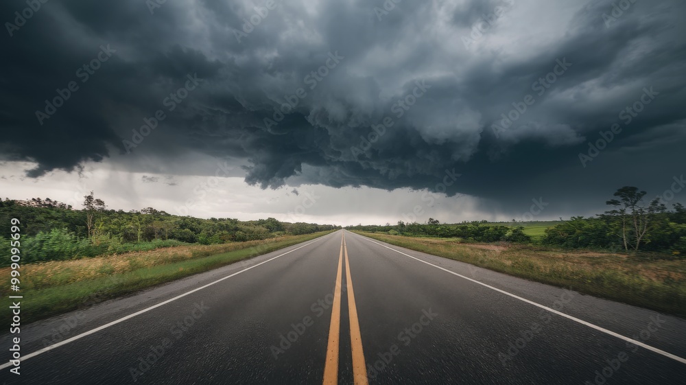 Naklejka premium A deserted highway stretches under a menacing, stormy sky, highlighting the power of nature.